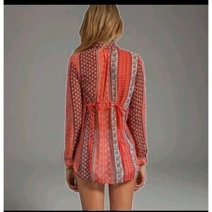 FREE PEOPLE Shirt Womens Medium Boho Moonlight Mile Woven Sheer Hot Coral